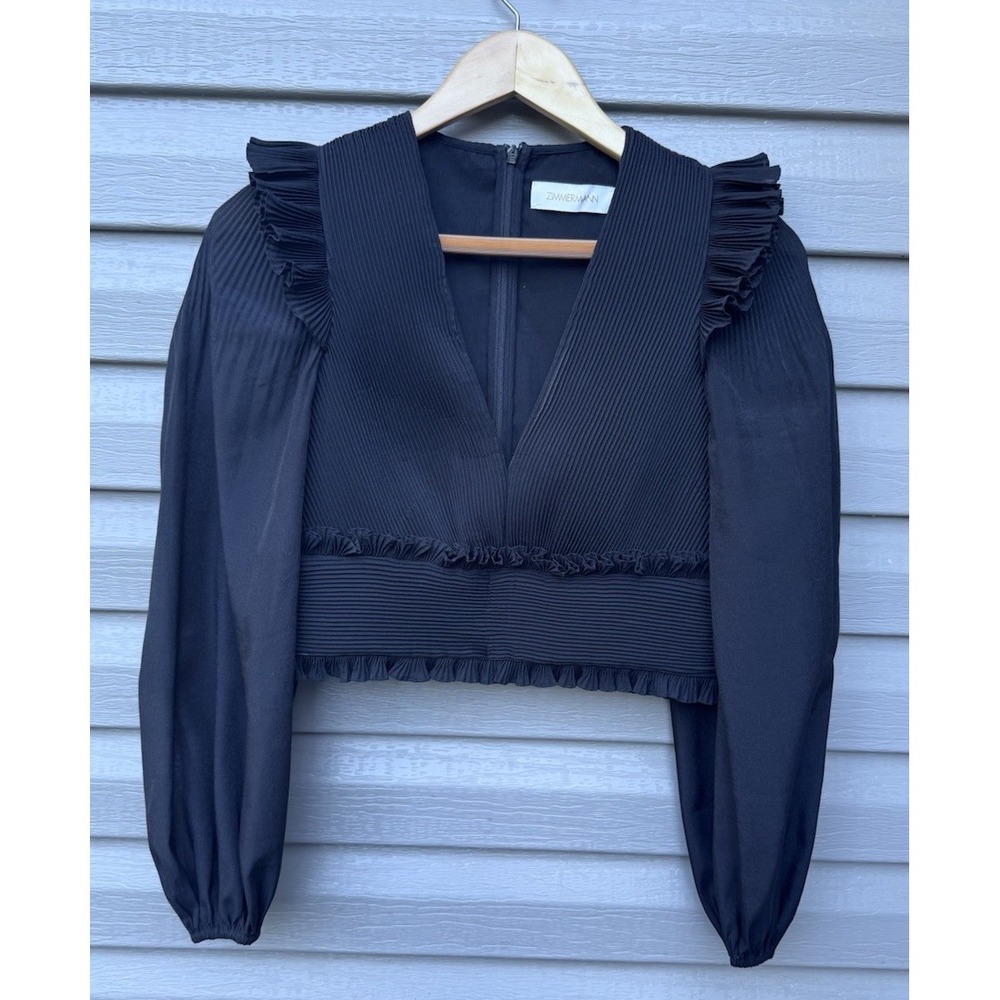 Zimmermann Cropped Ruffled Shirt Top Black Plisse Organza Billow Sleeve Sz 1